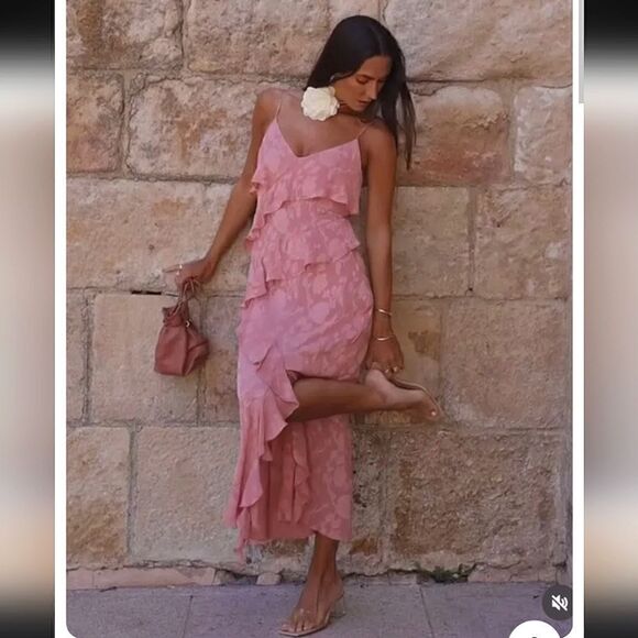 Nwt ZARA RUFFLED JACQUARD DRESS MARSALA Pink Dusty - Picture 4 of 17